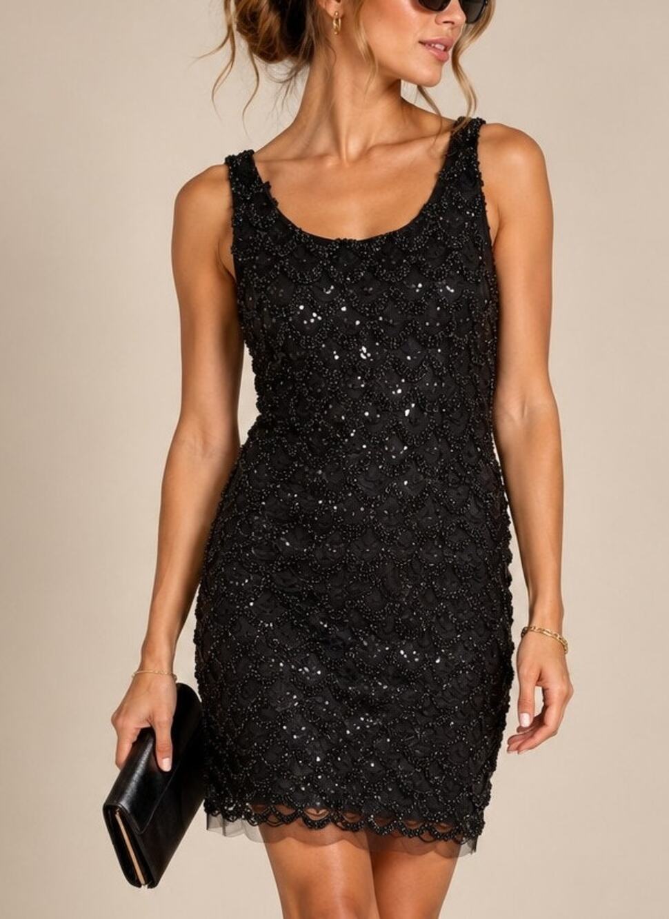 Vintage Womens Sequined Beaded Sheath Dress Size 12 Black Cocktail 90s Glam